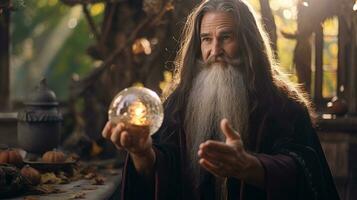 Wizard looking in crystal ball to predict future photo