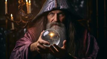 Wizard looking in crystal ball to predict future photo