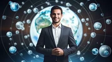 Smiling standing businessman with globe icon set world wide web concept Set of planet web symbols planet icon photo