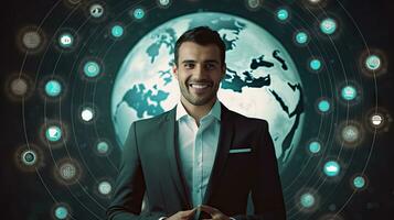 Smiling standing businessman with globe icon set world wide web concept Set of planet web symbols planet icon photo