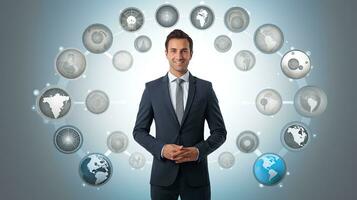 Smiling standing businessman with globe icon set world wide web concept Set of planet web symbols planet icon photo