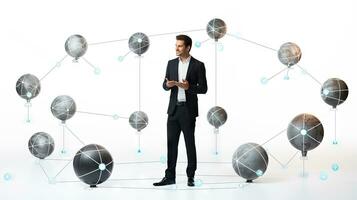 Smiling standing businessman with globe icon set world wide web concept Set of planet web symbols planet icon photo