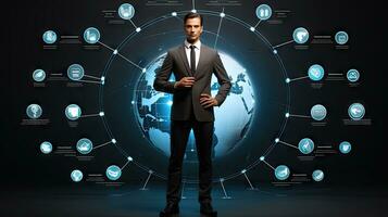 Smiling standing businessman with globe icon set world wide web concept Set of planet web symbols planet icon photo