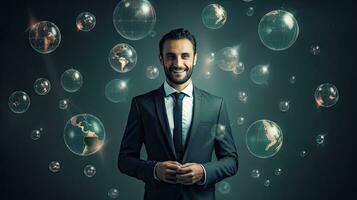 Smiling standing businessman with globe icon set world wide web concept Set of planet web symbols planet icon photo