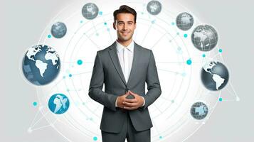 Smiling standing businessman with globe icon set world wide web concept Set of planet web symbols planet icon photo