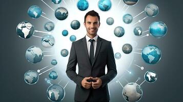 Smiling standing businessman with globe icon set world wide web concept Set of planet web symbols planet icon photo