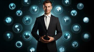 Smiling standing businessman with globe icon set world wide web concept Set of planet web symbols planet icon photo