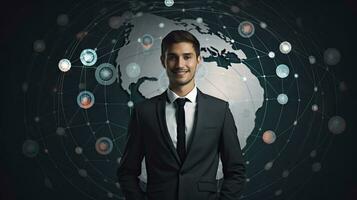 Smiling standing businessman with globe icon set world wide web concept Set of planet web symbols planet icon photo