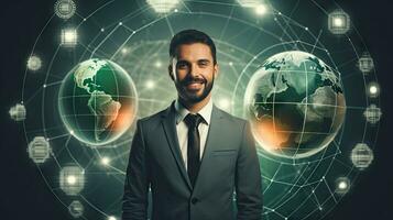 Smiling standing businessman with globe icon set world wide web concept Set of planet web symbols planet icon photo