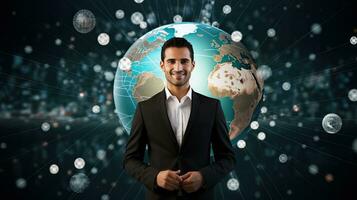 Smiling standing businessman with globe icon set world wide web concept Set of planet web symbols planet icon photo