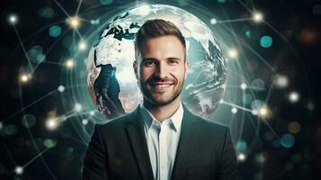 Smiling standing businessman with globe icon set world wide web concept Set of planet web symbols planet icon photo