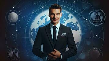 Smiling standing businessman with globe icon set world wide web concept Set of planet web symbols planet icon photo