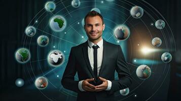 Smiling standing businessman with globe icon set world wide web concept Set of planet web symbols planet icon photo