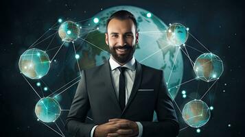 Smiling standing businessman with globe icon set world wide web concept Set of planet web symbols planet icon photo