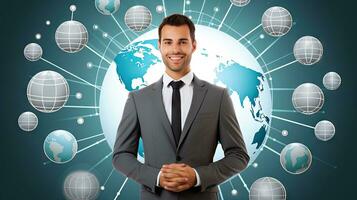 Smiling standing businessman with globe icon set world wide web concept Set of planet web symbols planet icon photo