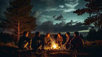 cámping en el pino bosque verano noche en el antecedentes cielo con lechoso camino estrellas. foto