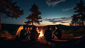 Camping in the pine forest Summer evening in the background sky with Milky Way stars. photo