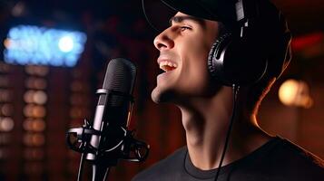 Skillful male singer with eyes closed in casual clothes with headphones and music recorded on laptop in modern lighting studio with professional microphone. photo