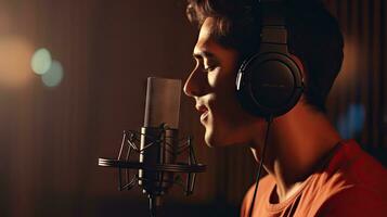 Skillful male singer with eyes closed in casual clothes with headphones and music recorded on laptop in modern lighting studio with professional microphone. photo