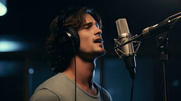 Skillful male singer with eyes closed in casual clothes with headphones and music recorded on laptop in modern lighting studio with professional microphone. photo