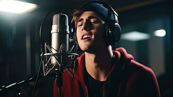 Skillful male singer with eyes closed in casual clothes with headphones and music recorded on laptop in modern lighting studio with professional microphone. photo