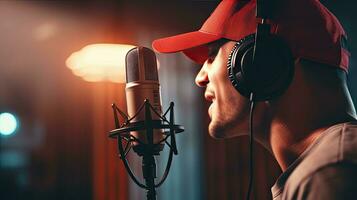 Skillful male singer with eyes closed in casual clothes with headphones and music recorded on laptop in modern lighting studio with professional microphone. photo