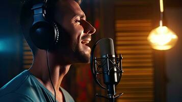 Skillful male singer with eyes closed in casual clothes with headphones and music recorded on laptop in modern lighting studio with professional microphone. photo
