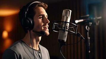 Skillful male singer with eyes closed in casual clothes with headphones and music recorded on laptop in modern lighting studio with professional microphone. photo