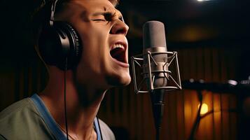 Skillful male singer with eyes closed in casual clothes with headphones and music recorded on laptop in modern lighting studio with professional microphone. photo