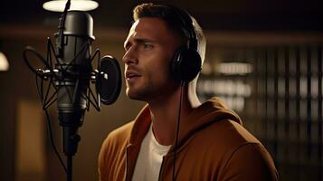 Skillful male singer with eyes closed in casual clothes with headphones and music recorded on laptop in modern lighting studio with professional microphone. photo