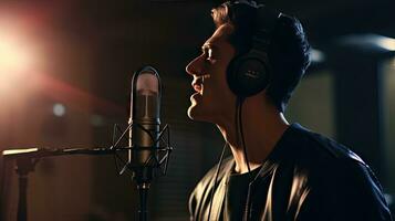 Skillful male singer with eyes closed in casual clothes with headphones and music recorded on laptop in modern lighting studio with professional microphone. photo