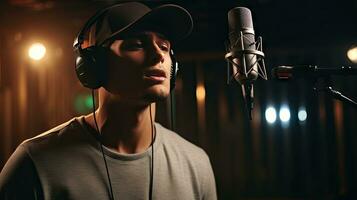 Skillful male singer with eyes closed in casual clothes with headphones and music recorded on laptop in modern lighting studio with professional microphone. photo