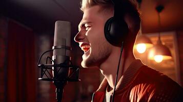 hábil masculino cantante con ojos cerrado en casual ropa con auriculares y música grabado en ordenador portátil en moderno Encendiendo estudio con profesional micrófono. foto