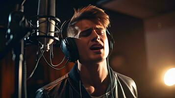 Skillful male singer with eyes closed in casual clothes with headphones and music recorded on laptop in modern lighting studio with professional microphone. photo