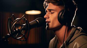 Skillful male singer with eyes closed in casual clothes with headphones and music recorded on laptop in modern lighting studio with professional microphone. photo