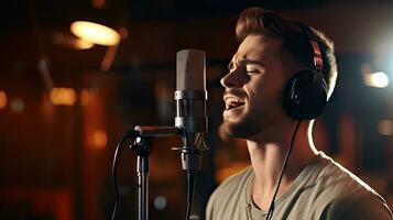 Skillful male singer with eyes closed in casual clothes with headphones and music recorded on laptop in modern lighting studio with professional microphone. photo