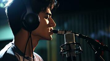 Skillful male singer with eyes closed in casual clothes with headphones and music recorded on laptop in modern lighting studio with professional microphone. photo