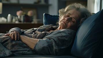 Depressed elderly woman lying on the sofa Depression, ADHD, mental health problems photo