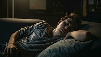 Young man sleeping on sofa at home photo