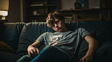 Young man sleeping on sofa at home photo
