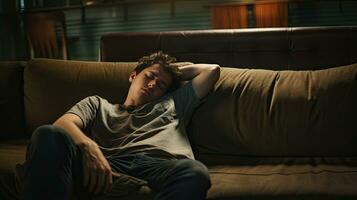 Young man sleeping on sofa at home photo