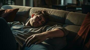 Young man sleeping on sofa at home photo