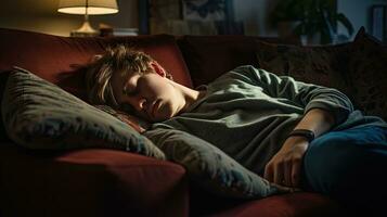 Young man sleeping on sofa at home photo