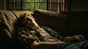 Young man sleeping on sofa at home photo