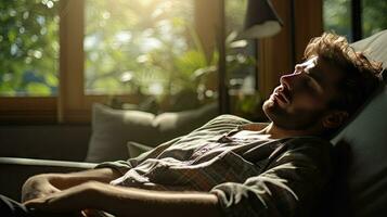 Young man sleeping on sofa at home photo