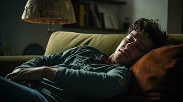 Young man sleeping on sofa at home photo