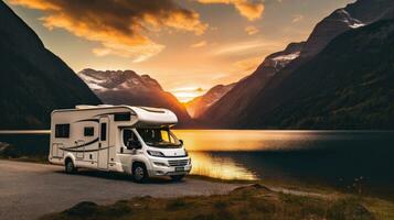 Family vacation travel RV, holiday trip in motorhome, Caravan car Vacation. Beautiful Nature Norway natural landscape. photo