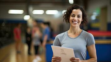 Female physical education teacher holds a Smiling Gym folder behind her for students to exercise. photo