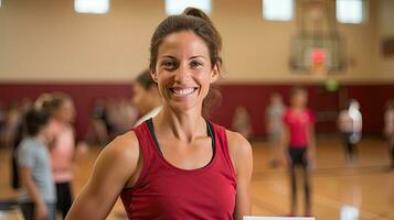 hembra físico educación profesor sostiene un sonriente gimnasio carpeta detrás su para estudiantes a ejercicio. foto