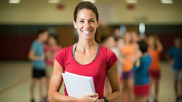 hembra físico educación profesor sostiene un sonriente gimnasio carpeta detrás su para estudiantes a ejercicio. foto